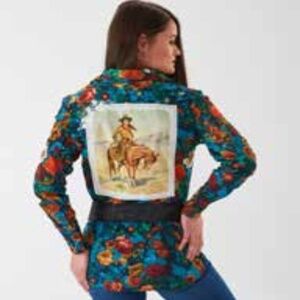 Montanaco XL Blue Floral Cotton Button up shirt cowgirl patch back